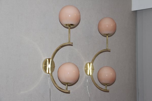 Mid-Century Modern Italian Brass & Beige Salmon Color Glass Sconces, 1990s, Set of 2-YF-787600