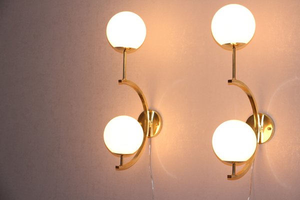 Mid-Century Modern Italian Brass & Beige Salmon Color Glass Sconces, 1990s, Set of 2-YF-787600