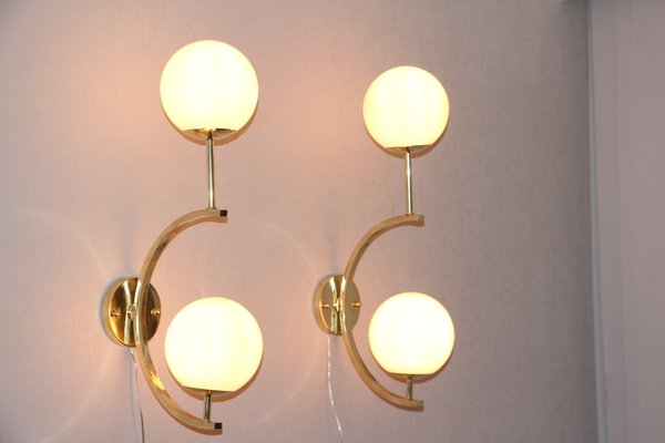 Mid-Century Modern Italian Brass & Beige Salmon Color Glass Sconces, 1990s, Set of 2-YF-787600