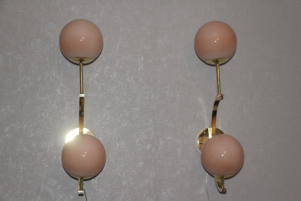 Mid-Century Modern Italian Brass & Beige Salmon Color Glass Sconces, 1990s, Set of 2-YF-787600