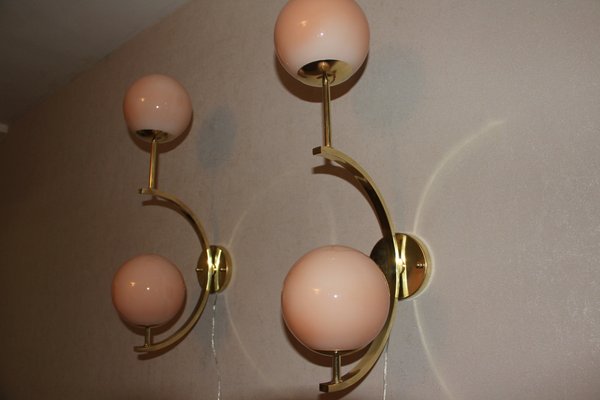 Mid-Century Modern Italian Brass & Beige Salmon Color Glass Sconces, 1990s, Set of 2-YF-787600