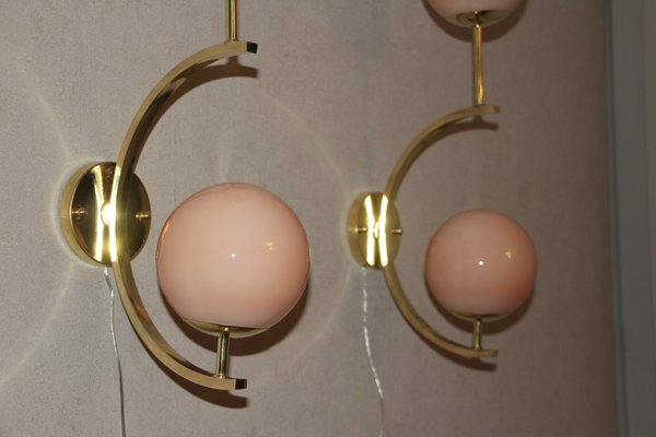 Mid-Century Modern Italian Brass & Beige Salmon Color Glass Sconces, 1990s, Set of 2-YF-787600