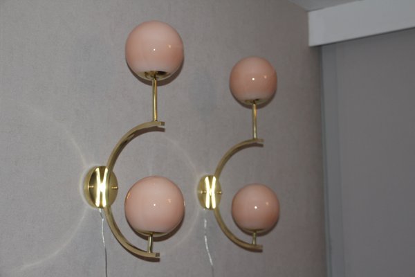 Mid-Century Modern Italian Brass & Beige Salmon Color Glass Sconces, 1990s, Set of 2-YF-787600