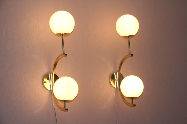 Mid-Century Modern Italian Brass & Beige Salmon Color Glass Sconces, 1990s, Set of 2-YF-787600