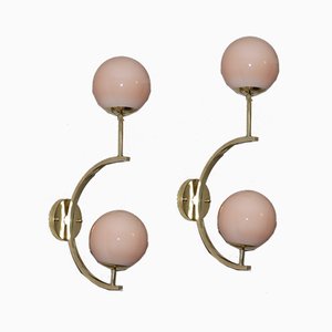 Mid-Century Modern Italian Brass & Beige Salmon Color Glass Sconces, 1990s, Set of 2-YF-787600