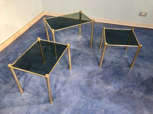 Mid-Century Modern Italian Brass & Smoked Glass Nesting Tables, 1970s, Set of 3-MTX-928715