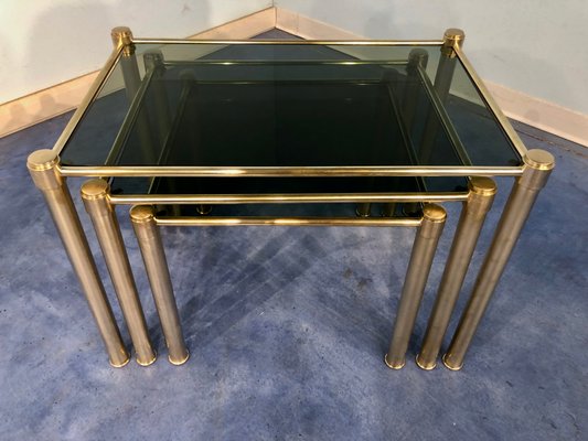 Mid-Century Modern Italian Brass & Smoked Glass Nesting Tables, 1970s, Set of 3-MTX-928715