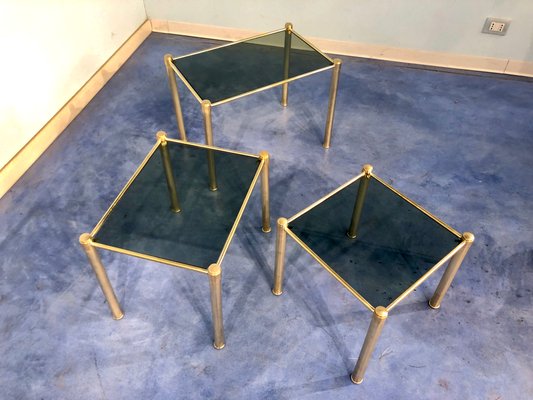 Mid-Century Modern Italian Brass & Smoked Glass Nesting Tables, 1970s, Set of 3-MTX-928715