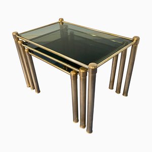 Mid-Century Modern Italian Brass & Smoked Glass Nesting Tables, 1970s, Set of 3-MTX-928715