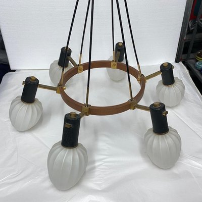 Mid-Century Modern Italian Brass, Teak and Glass Chandelier in the Style of Stilnovo, 1960s-NMK-1150575