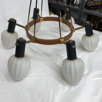 Mid-Century Modern Italian Brass, Teak and Glass Chandelier in the Style of Stilnovo, 1960s-NMK-1150575