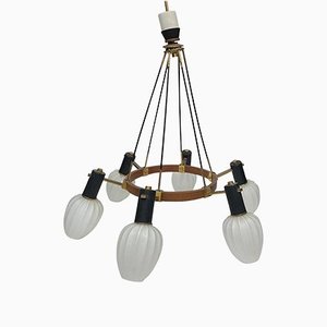 Mid-Century Modern Italian Brass, Teak and Glass Chandelier in the Style of Stilnovo, 1960s-NMK-1150575