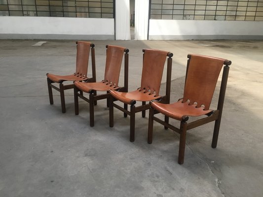 Mid-Century Modern Italian Cognac Leather and Dark Beech Dining Chairs by Ilmari Tapiovaara for La Permanente Mobili Cantù, Set of 4-DHH-1142553