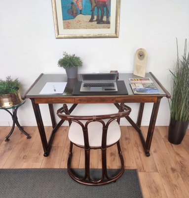 Mid-Century Modern Italian Faux Bamboo Wooden Desk Writing Table & Chair, 1950s, Set of 2-EUP-1241586