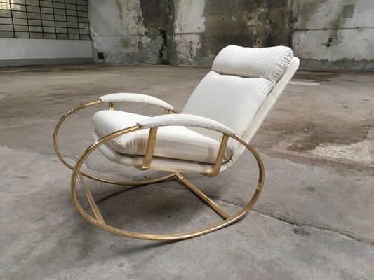 Mid-Century Modern Italian Gilt Metal Rocking Chair with Original Fabric Cushion by Guido Faleschini, 1970s-DHH-932890