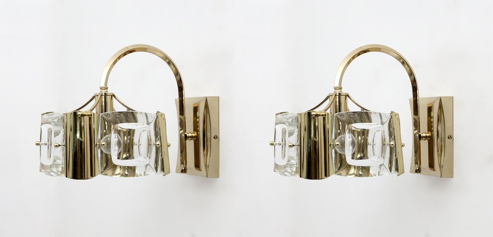 Mid-Century Modern Italian Glass and Brass Sconces attributed to Oscar Torlasco for Stilkronen, 1960s, Set of 2