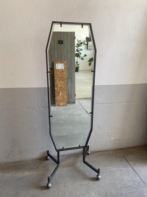 Mid-Century Modern Italian Mirror with Metal Frame and Legs on Wheels, 1970s-DHH-1361916