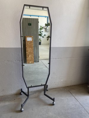 Mid-Century Modern Italian Mirror with Metal Frame and Legs on Wheels, 1970s-DHH-1361916