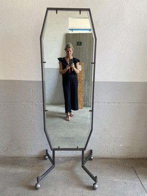 Mid-Century Modern Italian Mirror with Metal Frame and Legs on Wheels, 1970s-DHH-1361916