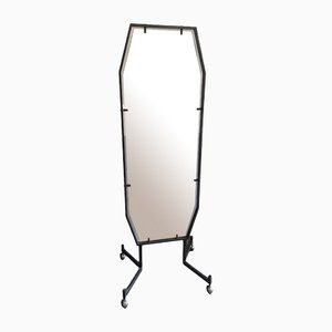 Mid-Century Modern Italian Mirror with Metal Frame and Legs on Wheels, 1970s-DHH-1361916