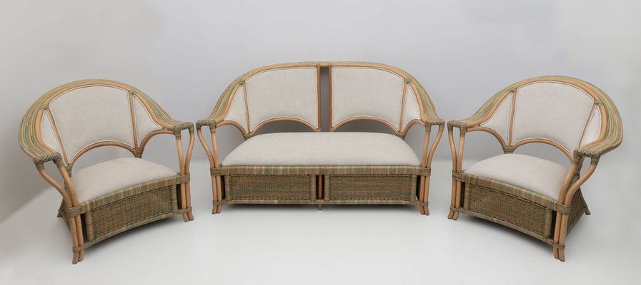 Mid-Century Modern Italian Rattan and Wicker Two Armchairs and Sofa, 1979, Set of 3-FER-1761536