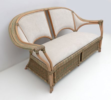 Mid-Century Modern Italian Rattan and Wicker Two Armchairs and Sofa, 1979, Set of 3-FER-1761536