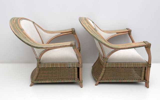 Mid-Century Modern Italian Rattan and Wicker Two Armchairs and Sofa, 1979, Set of 3-FER-1761536