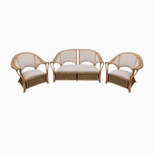 Mid-Century Modern Italian Rattan and Wicker Two Armchairs and Sofa, 1979, Set of 3-FER-1761536