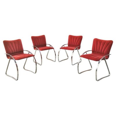 Mid-Century Modern Italian Red Velvet and Chrome Chairs, 1970s, Set of 4-GDD-1097188