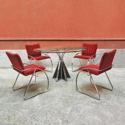 Mid-Century Modern Italian Red Velvet and Chrome Chairs, 1970s, Set of 4-GDD-1097188