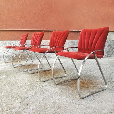 Mid-Century Modern Italian Red Velvet and Chrome Chairs, 1970s, Set of 4-GDD-1097188