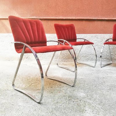 Mid-Century Modern Italian Red Velvet and Chrome Chairs, 1970s, Set of 4-GDD-1097188