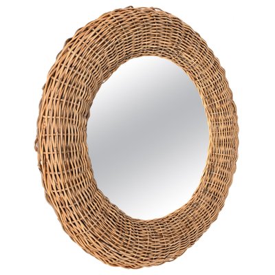 Mid-Century Modern Italian Round Wicker and Rattan Wall Mirror in the Style of Franco Albini, 1970s-JDR-1329853