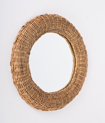 Mid-Century Modern Italian Round Wicker and Rattan Wall Mirror in the Style of Franco Albini, 1970s-JDR-1329853