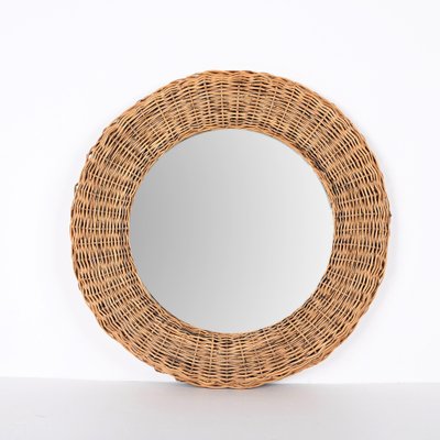 Mid-Century Modern Italian Round Wicker and Rattan Wall Mirror in the Style of Franco Albini, 1970s-JDR-1329853