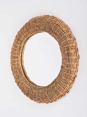 Mid-Century Modern Italian Round Wicker and Rattan Wall Mirror in the Style of Franco Albini, 1970s-JDR-1329853