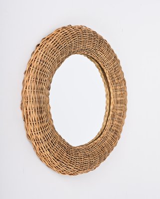 Mid-Century Modern Italian Round Wicker and Rattan Wall Mirror in the Style of Franco Albini, 1970s-JDR-1329853