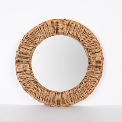 Mid-Century Modern Italian Round Wicker and Rattan Wall Mirror in the Style of Franco Albini, 1970s-JDR-1329853