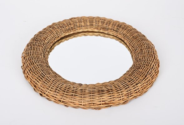 Mid-Century Modern Italian Round Wicker and Rattan Wall Mirror in the Style of Franco Albini, 1970s-JDR-1329853