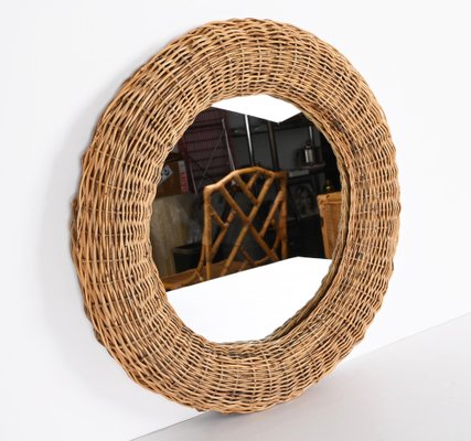 Mid-Century Modern Italian Round Wicker and Rattan Wall Mirror in the Style of Franco Albini, 1970s-JDR-1329853