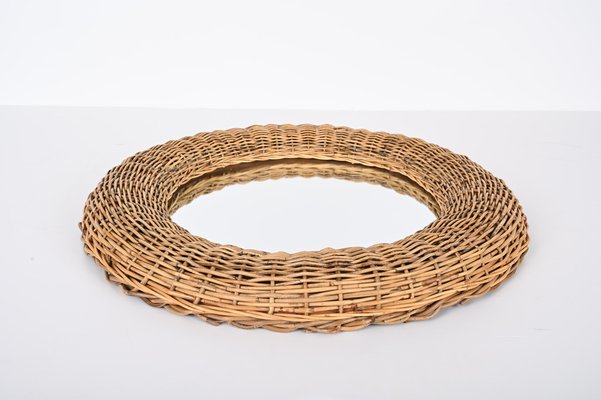 Mid-Century Modern Italian Round Wicker and Rattan Wall Mirror in the Style of Franco Albini, 1970s-JDR-1329853