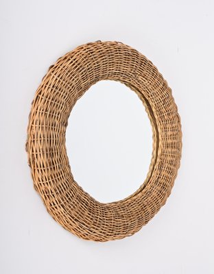 Mid-Century Modern Italian Round Wicker and Rattan Wall Mirror in the Style of Franco Albini, 1970s-JDR-1329853