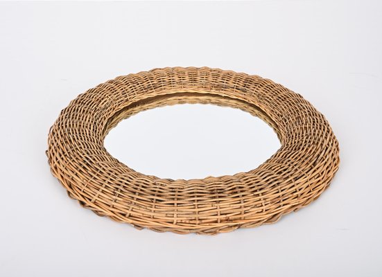 Mid-Century Modern Italian Round Wicker and Rattan Wall Mirror in the Style of Franco Albini, 1970s-JDR-1329853