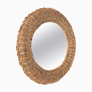 Mid-Century Modern Italian Round Wicker and Rattan Wall Mirror in the Style of Franco Albini, 1970s-JDR-1329853