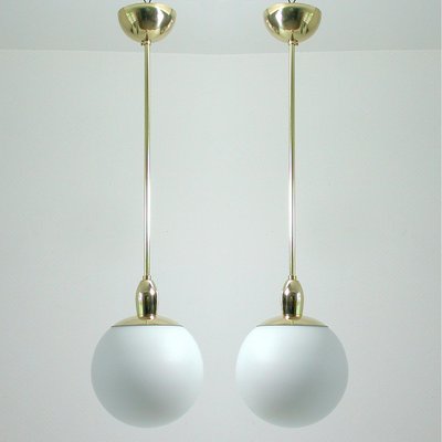 Mid-Century Modern Italian Satinated Glass and Brass Pendants, 1960s, Set of 2-OE-897847