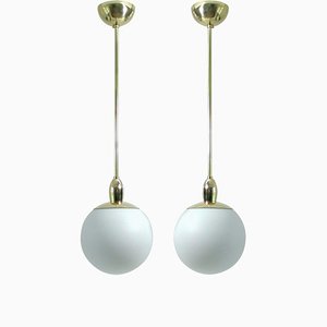 Mid-Century Modern Italian Satinated Glass and Brass Pendants, 1960s, Set of 2-OE-897847