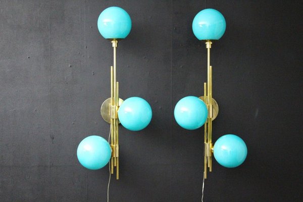 Mid-Century Modern Italian Sconces in Turquoise Tiffany Blue Glass, 2000, Set of 2-YF-1447018