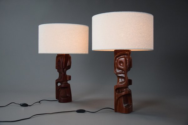 Mid-Century Modern Italian Sculpture Carved Wooden Table Lamps by Gianni Pinna, Set of 2-IEI-1160175