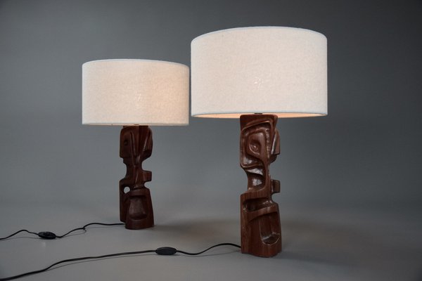 Mid-Century Modern Italian Sculpture Carved Wooden Table Lamps by Gianni Pinna, Set of 2-IEI-1160175