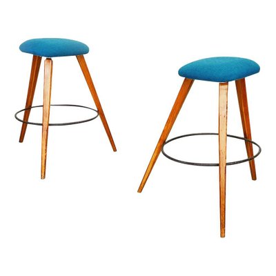 Mid-Century Modern Italian Stools in Wood, Black Iron and Blue Fabric, 1960s, Set of 2-GDD-1355693